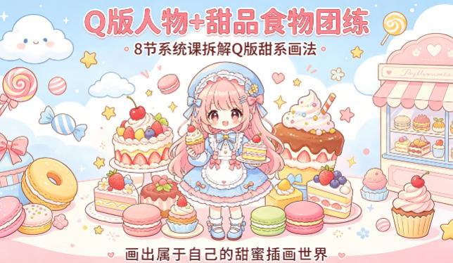 Q版人物 甜品食物团练，8节系统课拆解Q版甜系画法，画出属于自己的甜蜜插画世界-51云资源