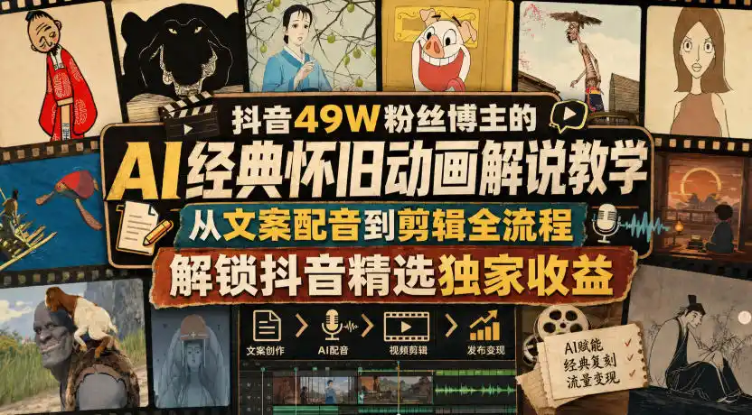 抖音49W粉丝博主的AI经典怀旧动画解说教学，从文案配音到剪辑全流程，解锁抖音精选独家收益-51云资源