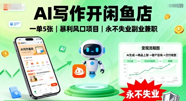 AI写作开闲鱼店，一单5张，暴利风口项目，永不失业副业兼职【全网首发】-51云资源