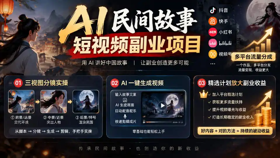AI民间故事短视频副业项目,多平台流量分成,三视图分镜实操,精选计划放大副业收益-51云资源