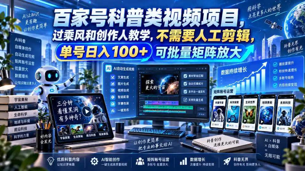 百家号科普类视频项目，过乘风和创作人教学，不需要人工剪辑，单号日入100 可批量矩阵放大