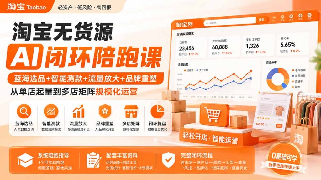 淘宝无货源AI闭环陪跑课:蓝海选品 智能测款 流量放大 品牌重塑,从单店起量到多店矩阵规模化运营-51云资源