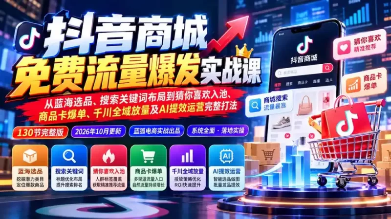 抖音商城免费流量爆发实战:从蓝海选品、搜索关键词布局到猜你喜欢入池、商品卡爆单、千川全域放量及AI提效完整打法-51云资源