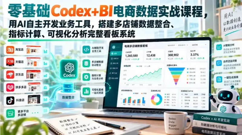 零基础Codex BI电商数据实战课程,用AI自主开发业务工具,搭建多店铺数据整合、指标计算、可视化分析完整看板系统-51云资源