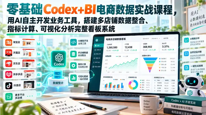 零基础Codex BI电商数据实战课程,用AI自主开发业务工具,搭建多店铺数据整合、指标计算、可视化分析完整看板系统