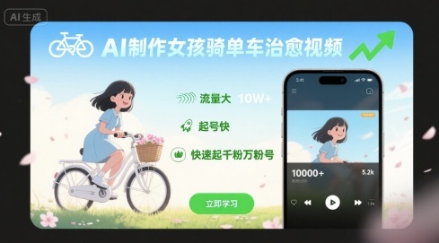 AI制作女孩骑单车治愈视频,流量大,起号快,快速起千粉万粉号-51云资源