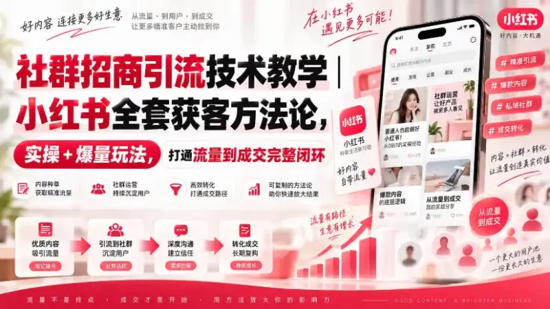 社群招商引流技术教学|小红书全套获客方法论,实操 爆量玩法,打通流量到成交完整闭环-51云资源
