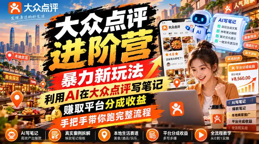 大众点评进阶营,暴力新玩法,利用AI在大众点评写笔记, 賺取平台分成收益,手把手带你跑完整流程-51云资源