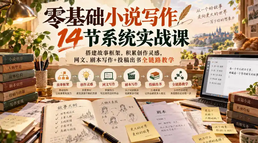 零基础小说写作14节系统实战课，搭建故事框架，积累创作灵感，网文、剧本写作 投稿出书全链路教学-51云资源
