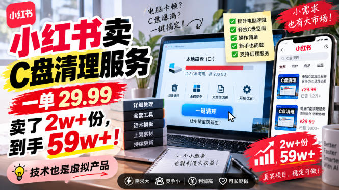 小红书卖C盘清理服务,一单29.99,卖了2w 份,技术也是虚拟产品