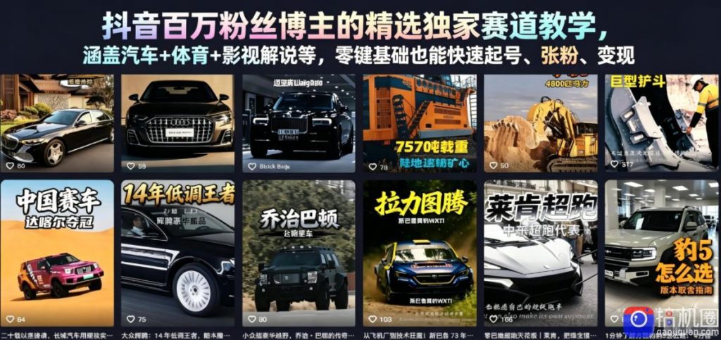 抖音百万粉丝博主的精选独家赛道教学,涵盖汽车 体育 影视解说等,零基础也能快速起号、涨粉、变现(更新0701)-51云资源