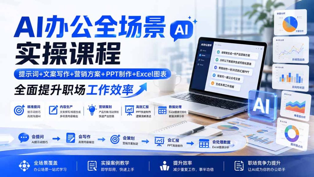 AI办公全场景实操课程：提示词 文案写作 营销方案 PPT制作 Excel图表，全面提升职场工作效率-51云资源