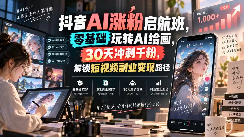 抖音AI涨粉启航班，零基础玩转AI绘画，30天冲刺千粉，解锁短视频副业变现路径-51云资源