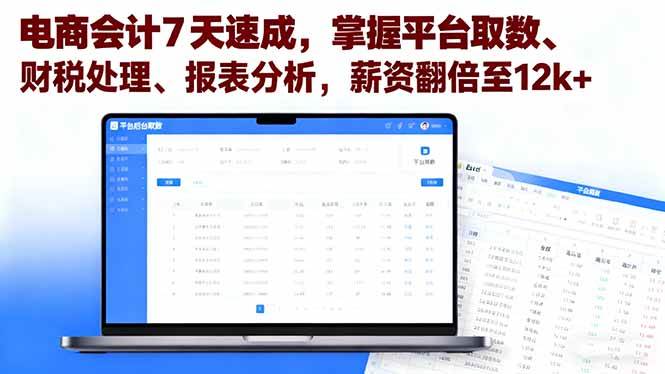 (16192期)电商会计7天速成,掌握平台取数、财税处理、报表分析,薪资翻倍至12k