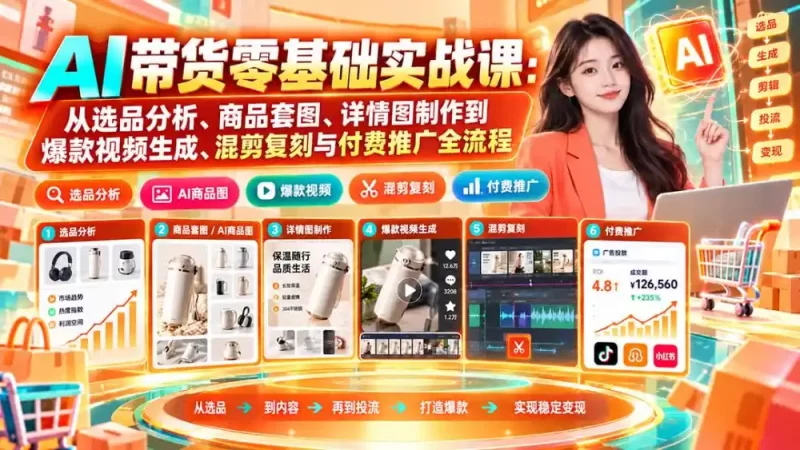 AI带货零基础实战课:从选品分析、商品套图、详情图制作到爆款视频生成、混剪复刻与付费推广全流程-51云资源