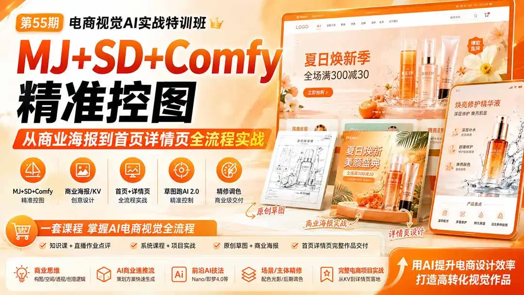 电商视觉 AI实战训练营第55期：MJ SD Comfy精准控图，从商业海报到首页详情页全流程实战
