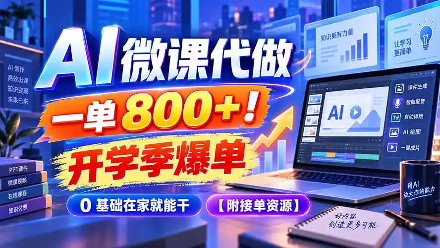 AI 微课代做，一单 800 ！开学季爆单，0 基础在家就能干【附接单资源】-51云资源