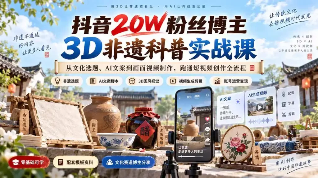 抖音20W粉丝博主3D非遗科普实战课:从文化选题、AI文案到画面视频制作,跑通短视频创作全流程-51云资源