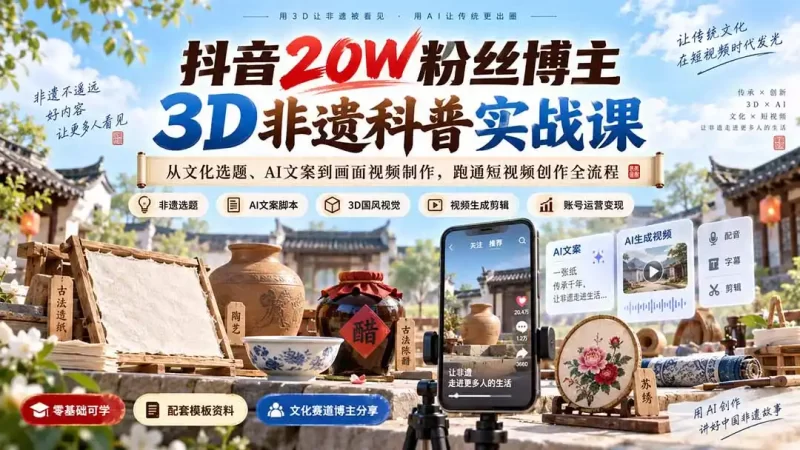 抖音20W粉丝博主3D非遗科普实战课：从文化选题、AI文案到画面视频制作，跑通短视频创作全流程-51云资源