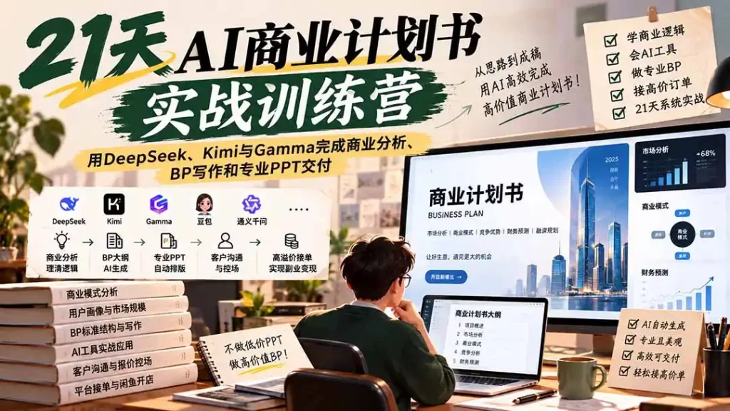 【无水印】21天AI商业计划书实战训练营:用DeepSeek、Kimi与Gamma完成商业分析、BP写作和专业PPT交付-51云资源
