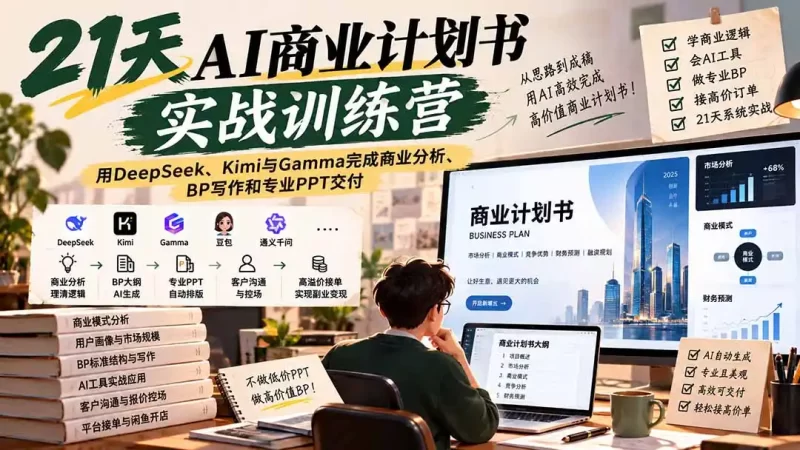 【无水印】21天AI商业计划书实战训练营:用DeepSeek、Kimi与Gamma完成商业分析、BP写作和专业PPT交付-51云资源