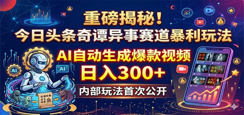 重磅揭秘！今日头条奇谭异事赛道暴利玩法：AI自动生成爆款视频，日入300-51云资源