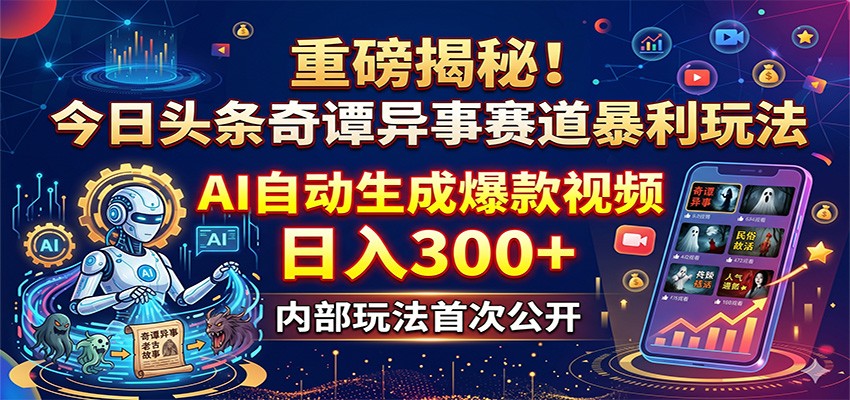 重磅揭秘！今日头条奇谭异事赛道暴利玩法：AI自动生成爆款视频，日入300-51云资源