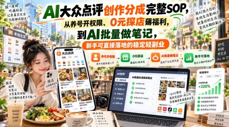 【无水印】AI大众点评创作分成完整SOP,从养号开权限、0元探店薅福利,到AI批量做笔记,新手可直接落地的稳定轻副业-51云资源