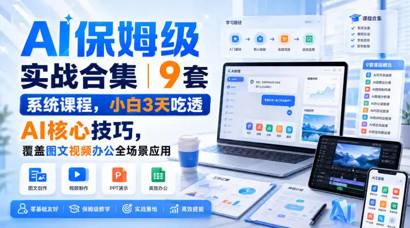 AI保姆级实战合集｜9套系统课程，小白3天吃透AI核心技巧，覆盖图文视频办公全场景应用-51云资源