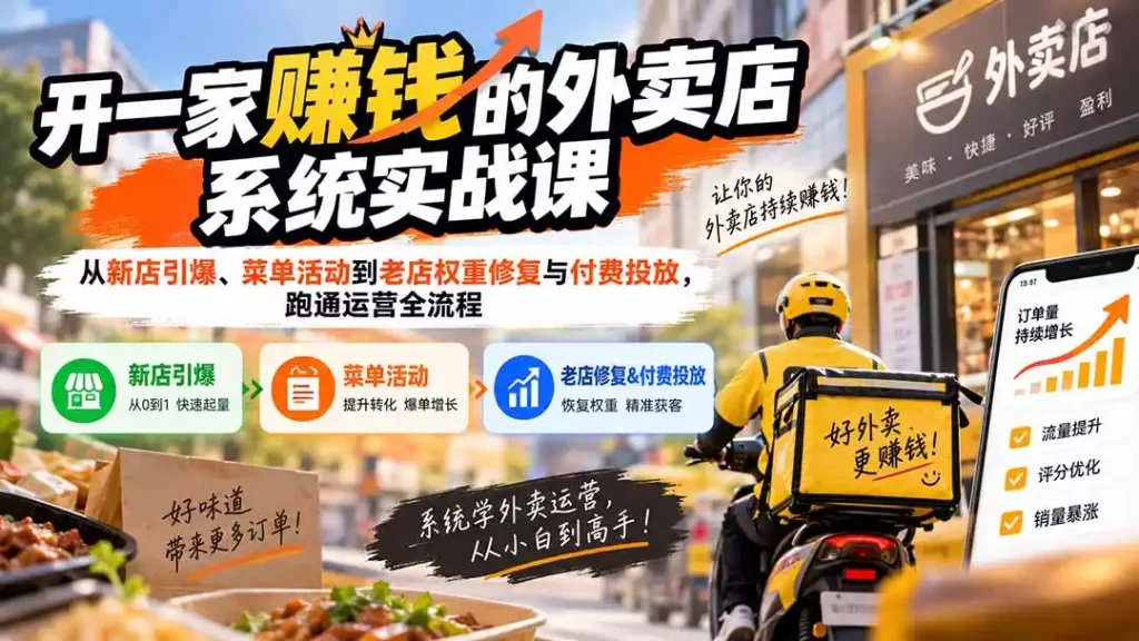 开一家赚钱的外卖店系统实战课:从新店引爆、菜单活动到老店权重修复与付费投放,跑通运营全流程-51云资源