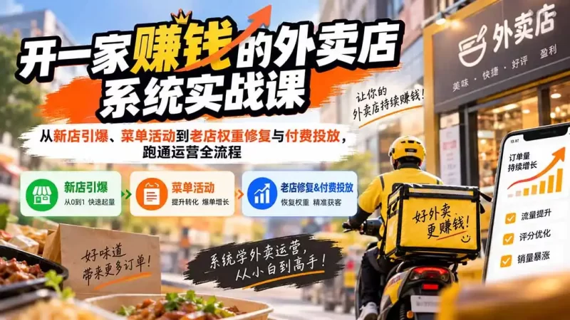 开一家赚钱的外卖店系统实战课:从新店引爆、菜单活动到老店权重修复与付费投放,跑通运营全流程-51云资源