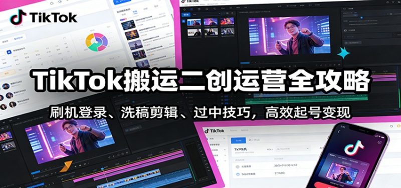 TikTok搬运二创运营全攻略：刷机登录、洗稿剪辑 、过中技巧，高效起号变现-51云资源