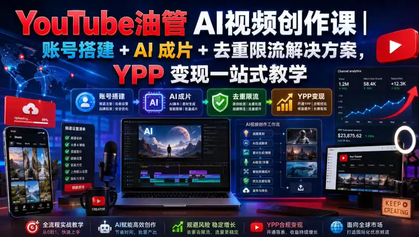 YouTube油管AI视频创作课｜账号搭建 AI成片 去重限流解决方案，YPP变现一站式教学(更新0925)-51云资源