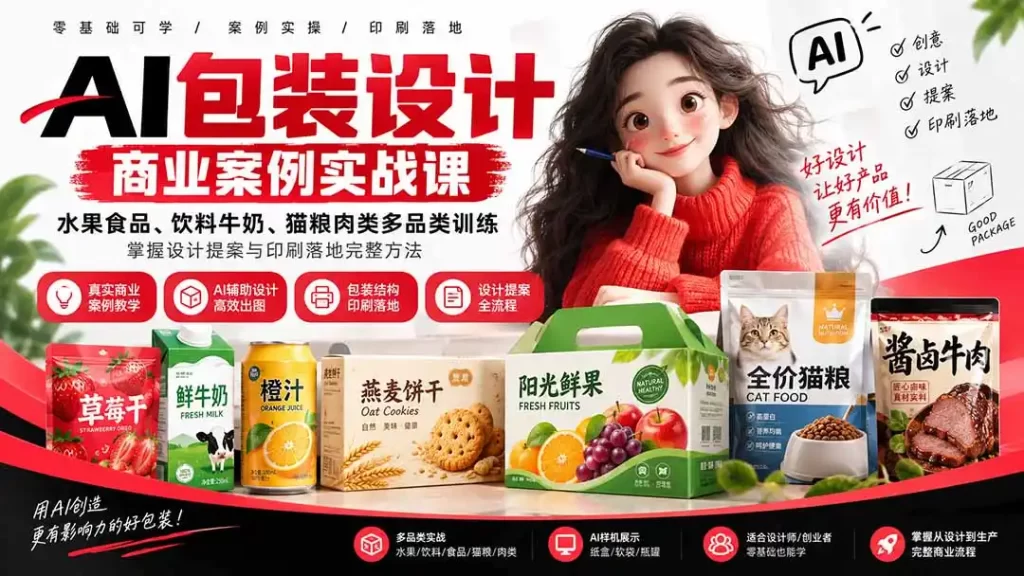 AI包装设计商业案例实战课:水果食品、饮料牛奶、猫粮肉类多品类训练,掌握设计提案与印刷落地完整方法-51云资源