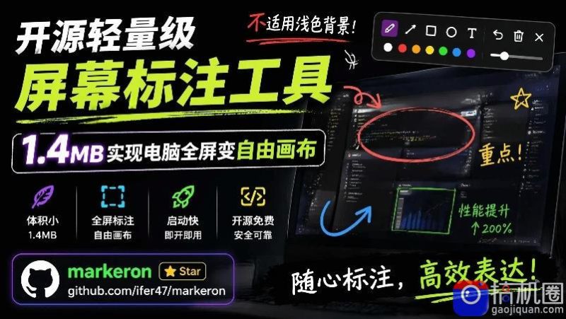 开源轻量级屏幕标注工具,1.4MB实现电脑全屏变自由画布!支持8种标注工具和全键盘操控MarkerOn-51云资源