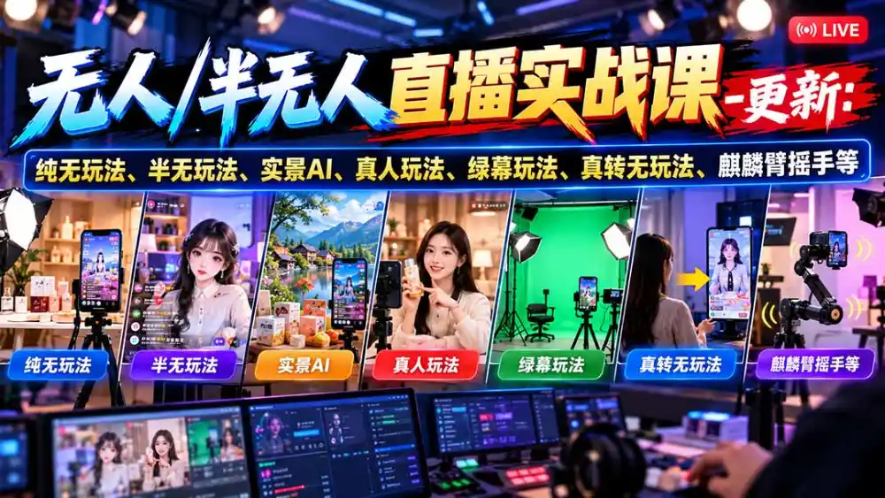 无人/半无人直播实战课-10月20更新：纯无玩法、半无玩法、实景AI、真人玩法、绿幕玩法、真转无玩法、麒麟臂摇手等-51云资源