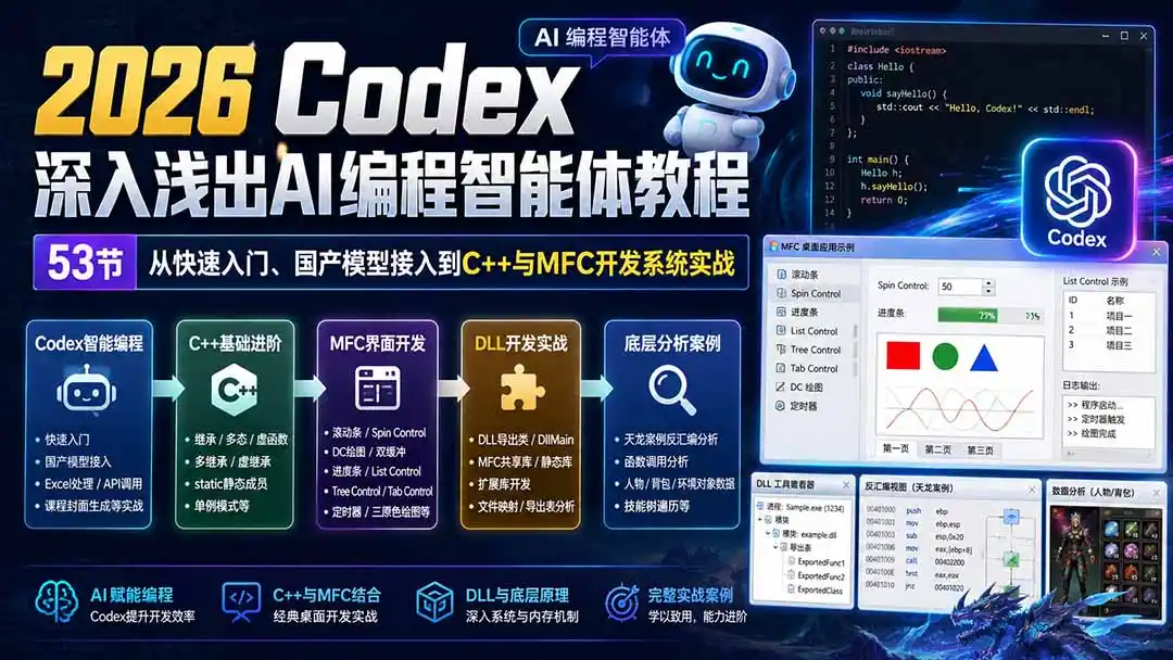 2026 Codex深入浅出AI编程智能体教程:53节从快速入门、国产模型接入到C 与MFC开发系统实战