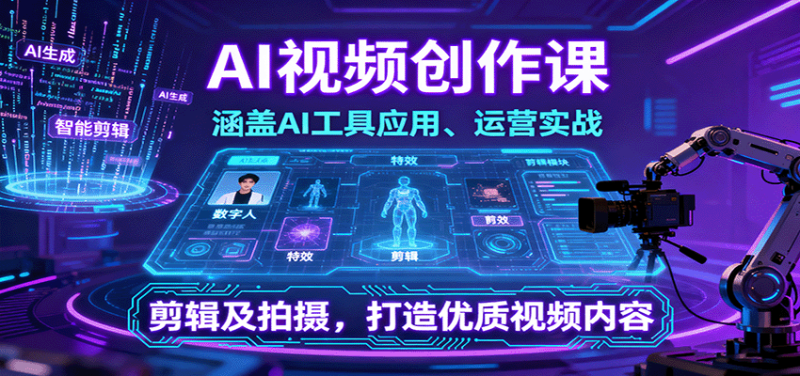 AI视频创作课，涵盖AI工具应用、运营实战、剪辑及拍摄，打造优质视频内容-51云资源