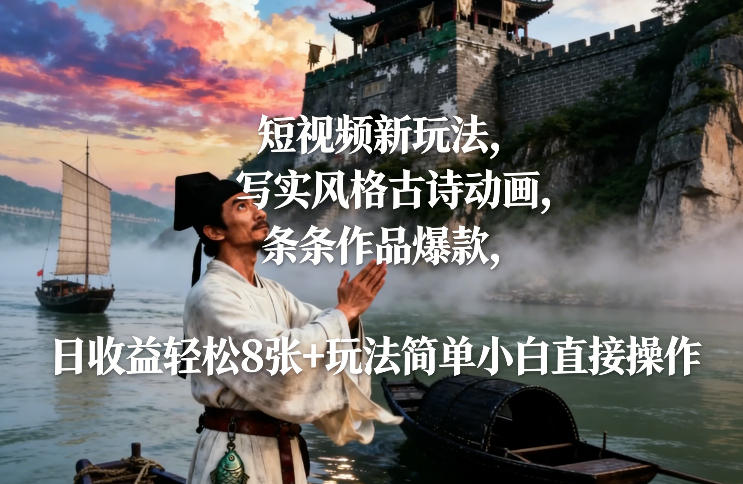 短视频新玩法，写实风格古诗动画，条条作品爆款，日收益轻松8张 玩法简单小白直接操作-51云资源