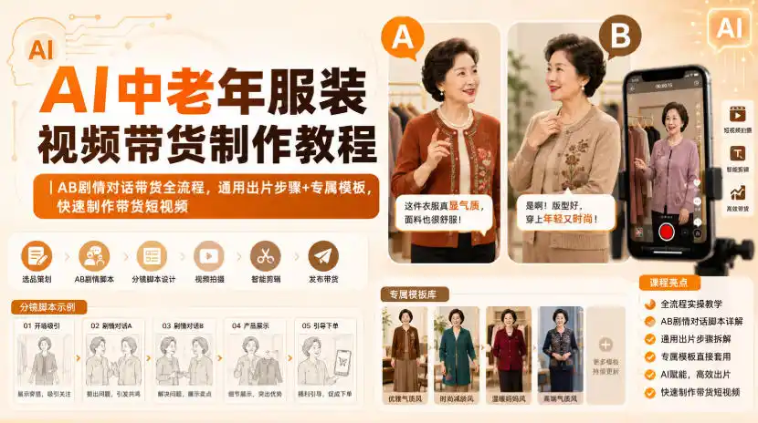 AI中老年服装视频带货制作教程|AB剧情对话带货全流程,通用出片步骤 专属模板,快速制作带货短视频-51云资源