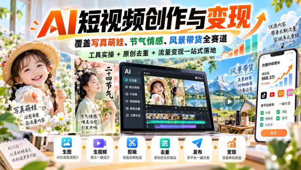AI短视频创作与变现，覆盖写真萌娃、节气情感、风景带货全赛道，工具实操 原创去重 流量变现一站式落地-51云资源