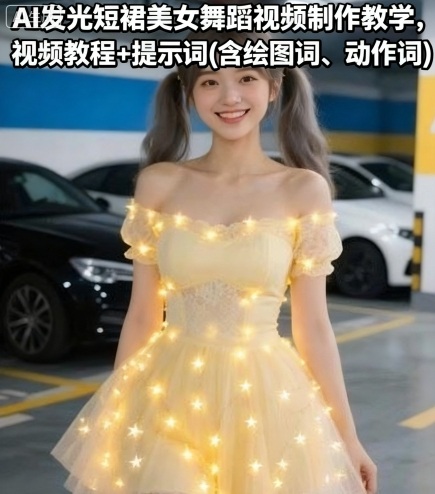 AI发光短裙美女舞蹈视频制作教学,视频教程 提示词(含绘图词、动作词)