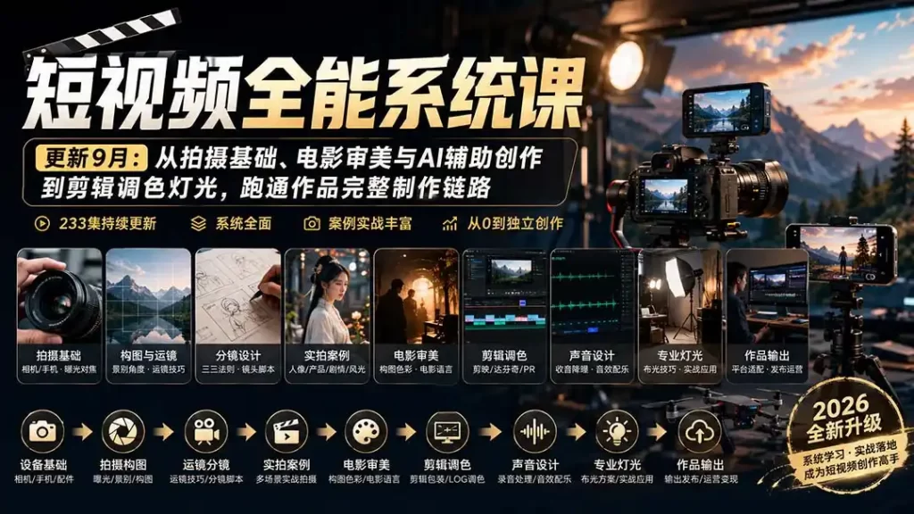 短视频全能系统课-更新8月233集:从拍摄基础、电影审美与AI辅助创作到剪辑调色灯光,跑通作品完整制作链路-51云资源
