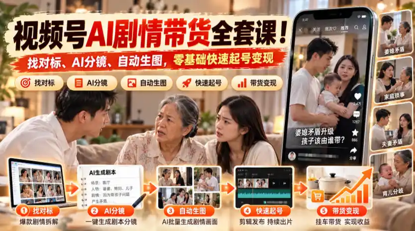 视频号AI剧情带货全套课！找对标、AI分镜、自动生图，零基础快速起号变现-51云资源
