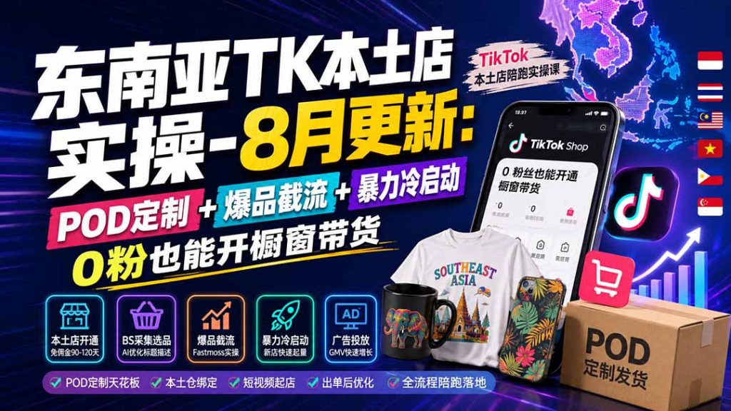 东南亚TK本土店实操-8月更新：POD定制 爆品截流 暴力冷启动，0粉也能开橱窗带货-51云资源