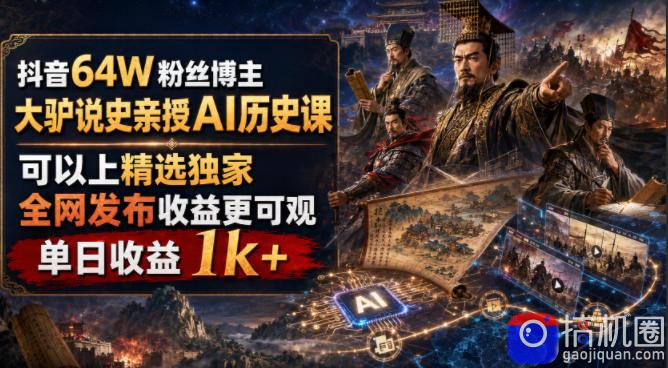 抖音64W粉丝博主大驴说史亲授AI历史课，可以上精选独家，全网发布收益更可观，单日收益1k-51云资源