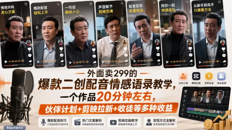 外面卖299的爆款二创配音情感语录教学,一个作品20分钟左右,伙伴计划 剪映拉新 收徒等多种收益-51云资源