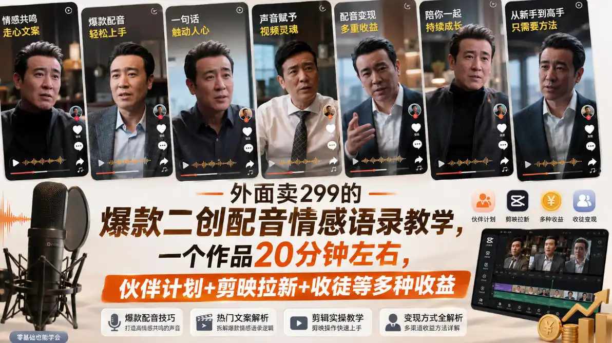 外面卖299的爆款二创配音情感语录教学,一个作品20分钟左右,伙伴计划 剪映拉新 收徒等多种收益