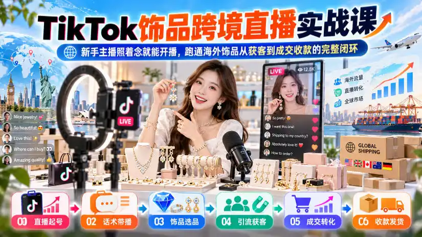 TikTok饰品跨境直播实战课，新手主播照着念就能开播，跑通海外饰品从获客到成交收款的完整闭环-51云资源