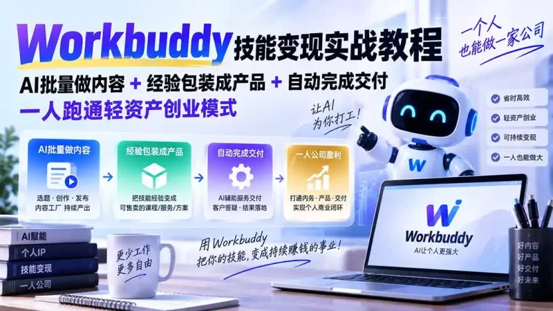 Workbuddy技能变现实战教程:AI批量做内容 经验包装成产品 自动完成交付,一人跑通轻资产创业模式-51云资源